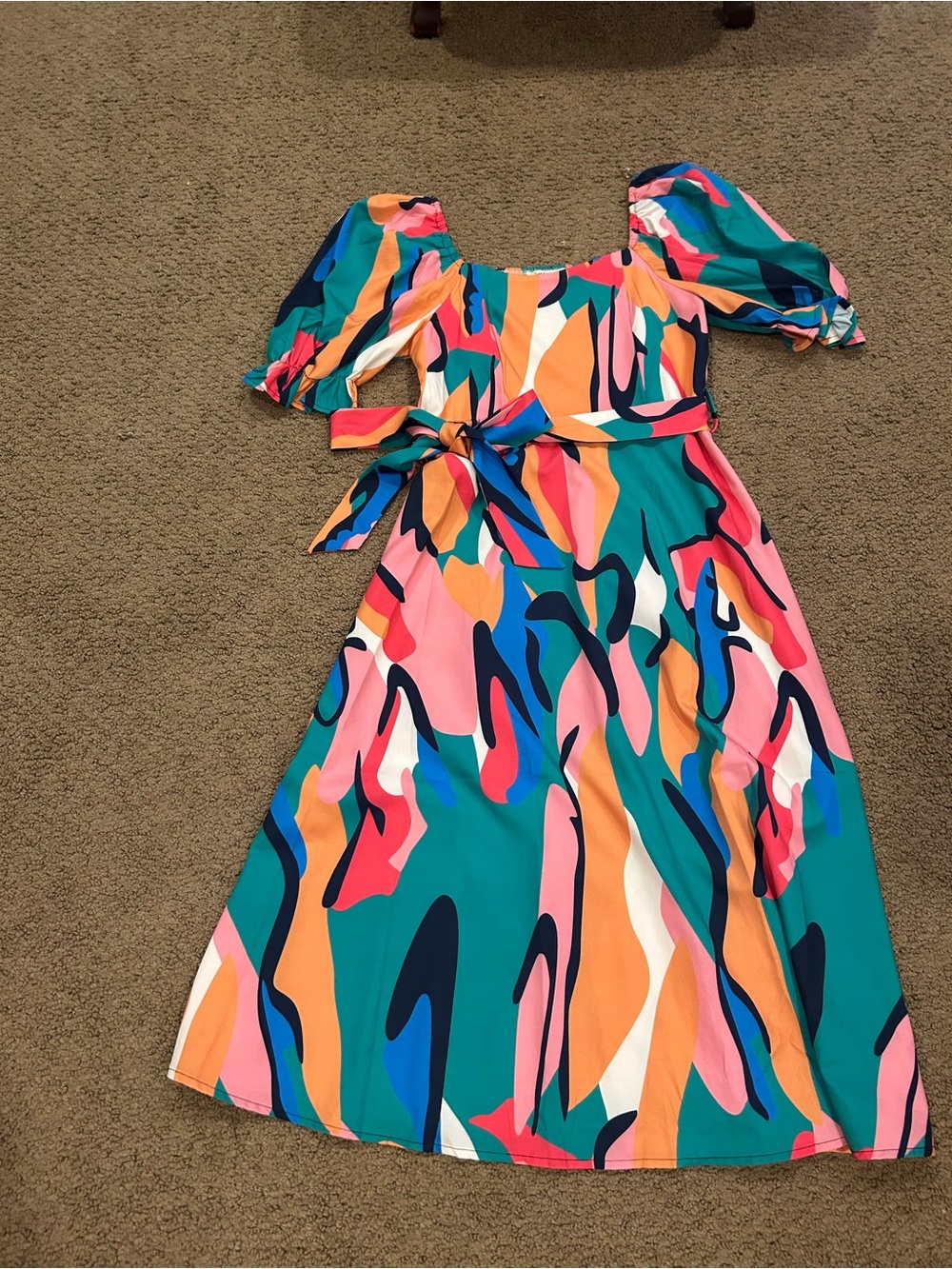 Sunday Multicolor Abstract Midi Dress with Puff Sleeves